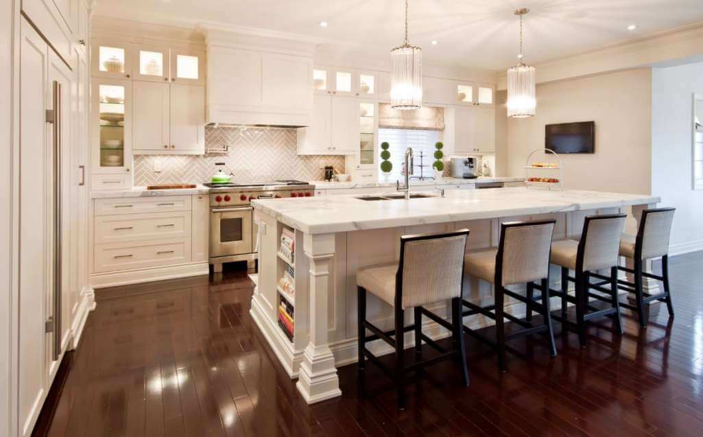 kitchen island with long round glass light