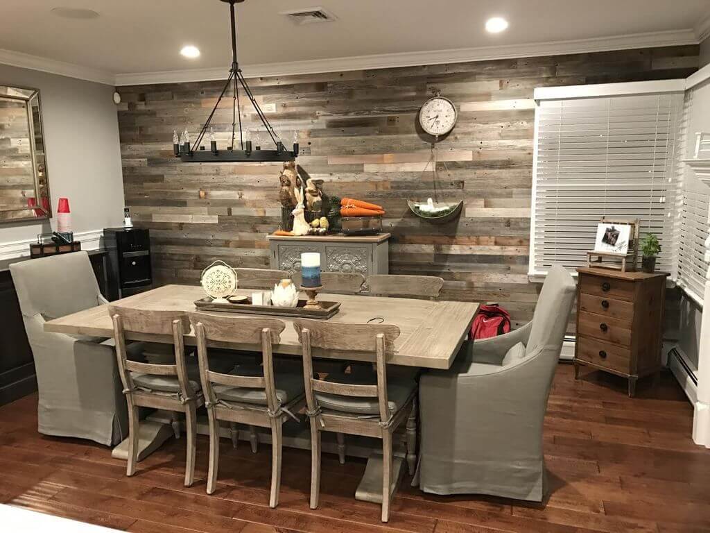 wood plank wall dining room