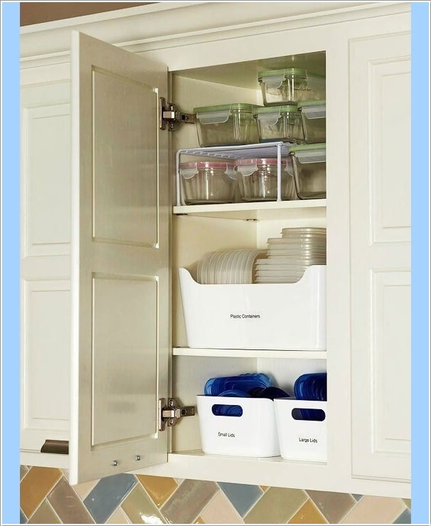 Store The Containers and Lids Stacked Inside The Plastic Bins