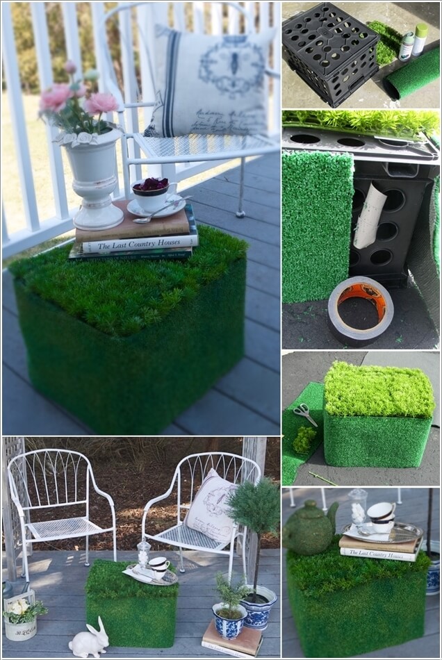 Cover a Plastic Crate in Faux Grass to Form an Outdoor Table That Makes a Statement
