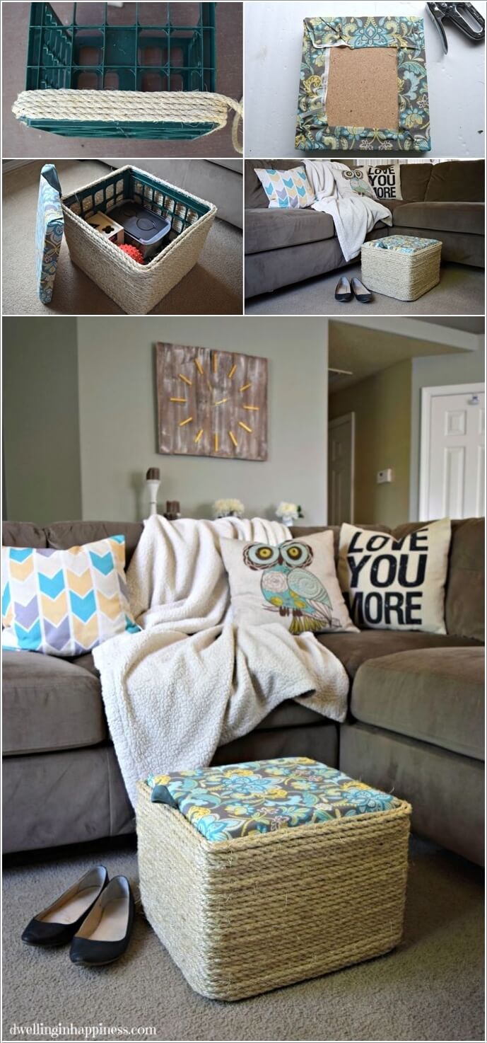 Make a Storage Ottoman by Wrapping a Plastic Crate in Rope and Top It with a Cushioned Seat