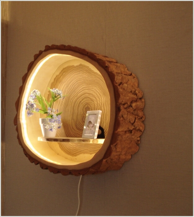 A Lamp Created from a Hollowed Log And an LED Strip and Has a Tiny Shelf Too