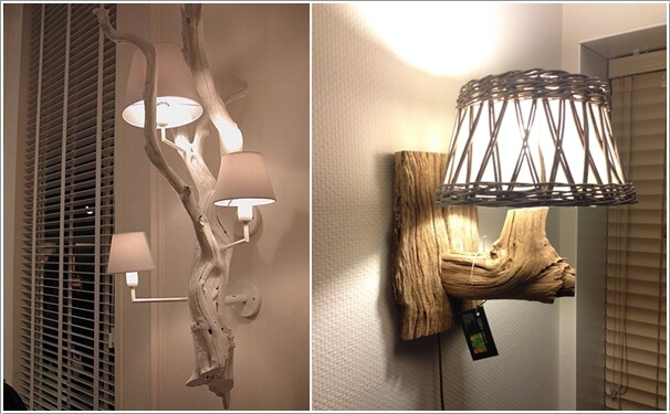 Wall Lamps Created with The Combination of Weathered Wood and Lampshades