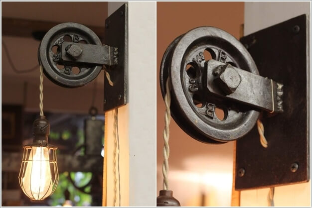 A Rustic Farmhouse Light Created by Hanging a Bulb Over a Pulley