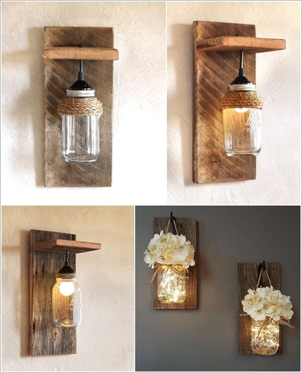 Beauteous Wall Lamps Made from Mason Jars and Barn Wood
