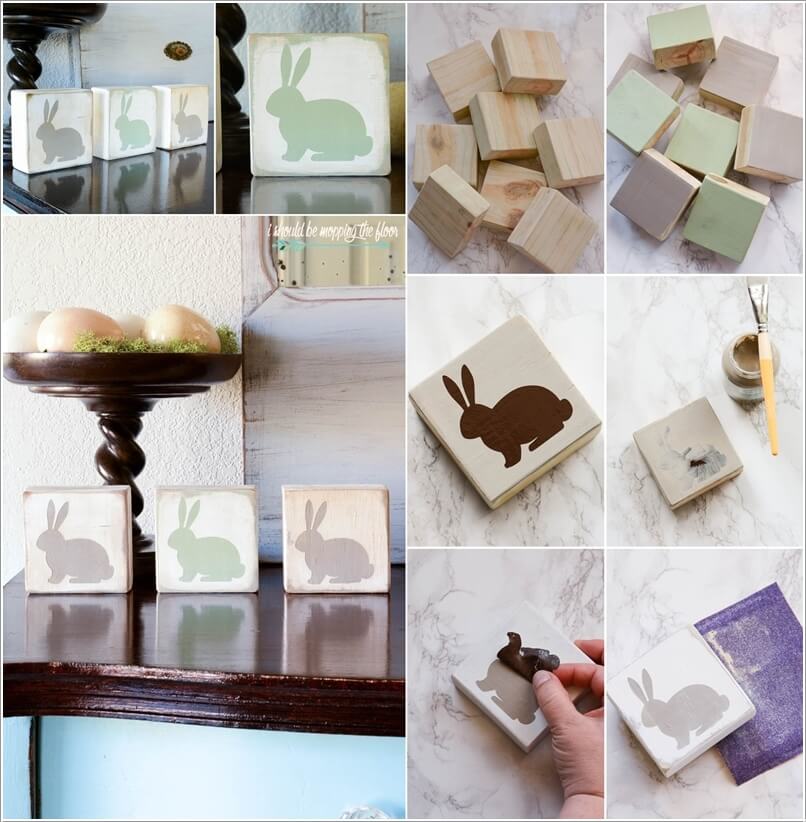 Paste Silhouettes of Bunnies on 2×4 Blocks and Then Paint Them in Pastel Colors for Making Bunny Blocks to be Displayed on The Mantel