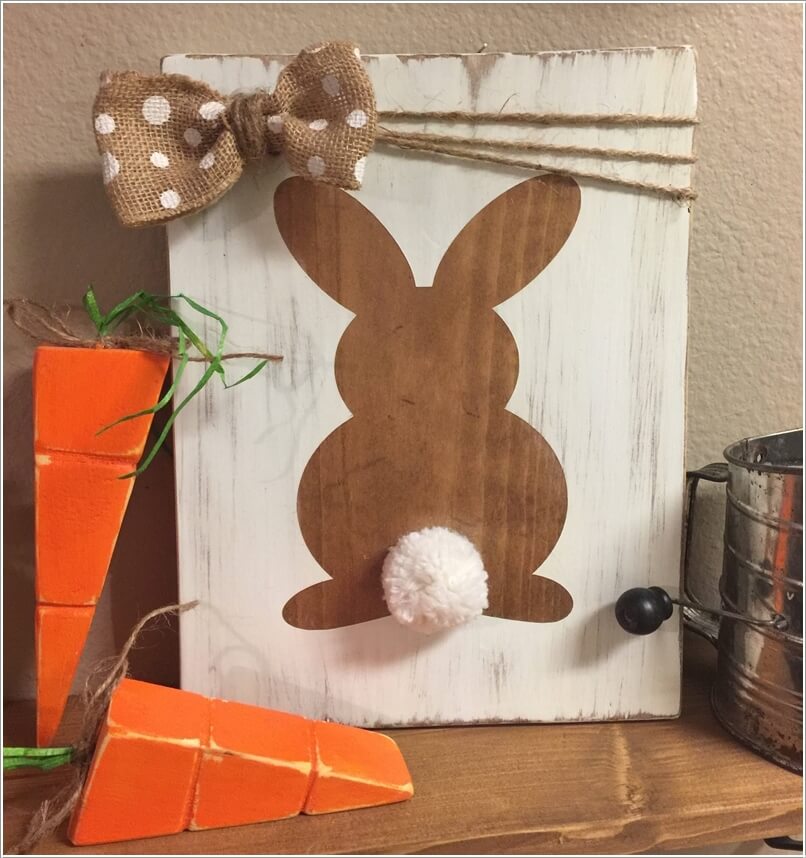 Make a Bunny Silhouette Wood Plaque and Glue a Pom Pom and a Bow to Make it Fun and Cute