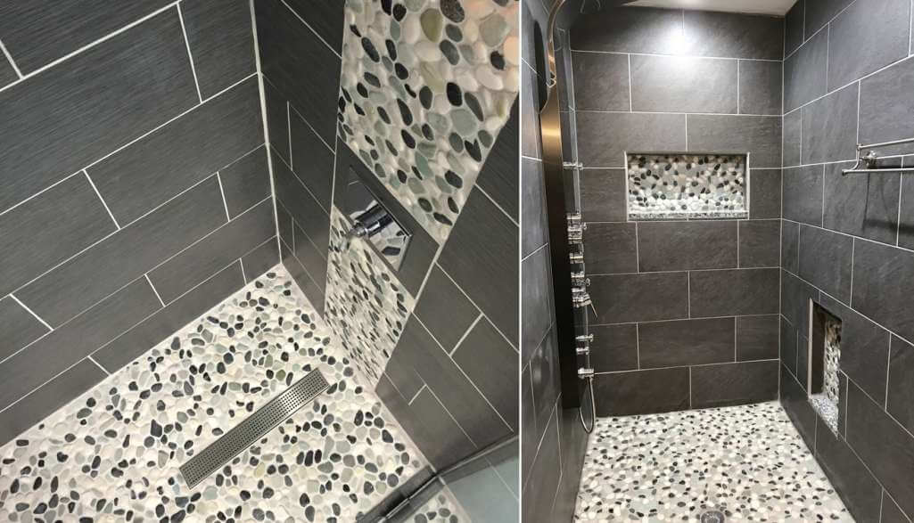 A Little Muted Compared to Black is Gray Where You Can Confidently Go for Large Tiles Accented with Mosaic Tiles in White and Gray