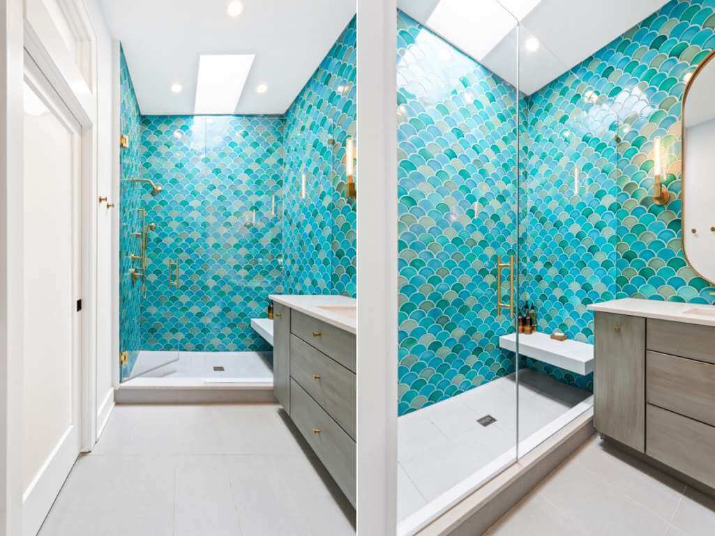 Fishscale Tile in Aqua and Teal Tones Look Fabulous in a Shower Enclosure