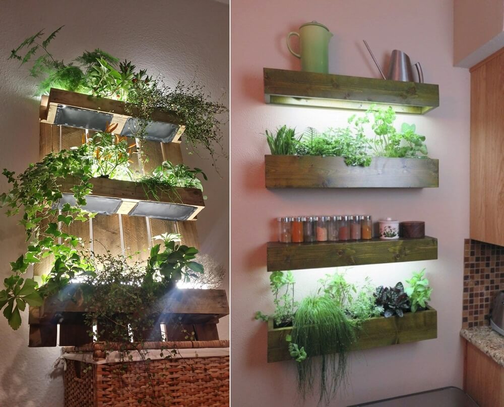 indoor kitchen herb garden with grow light